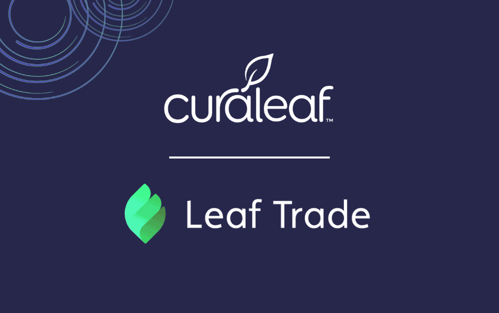 Curaleaf logo over the Leaf Trade logo separated by a line