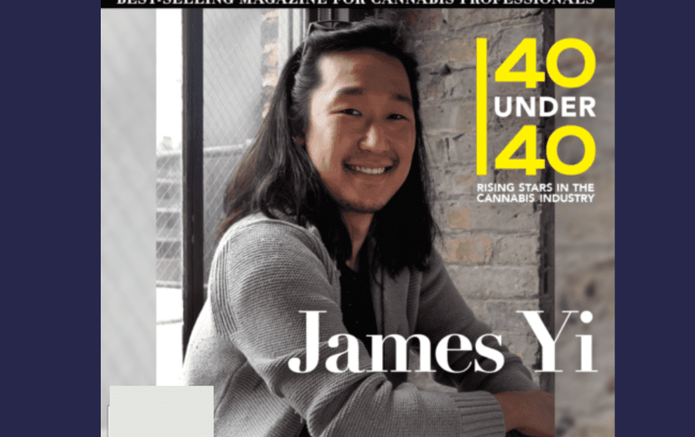 Image from Marijuana Ventures featuring Leaf Trade CEO James Yi on the cover with text that says 40 under 40