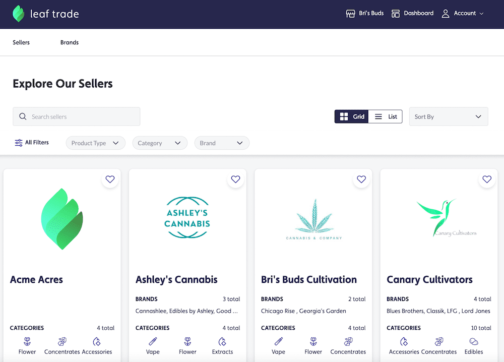 Cannabis wholesale sellers explore page on the Leaf Trade marketplace