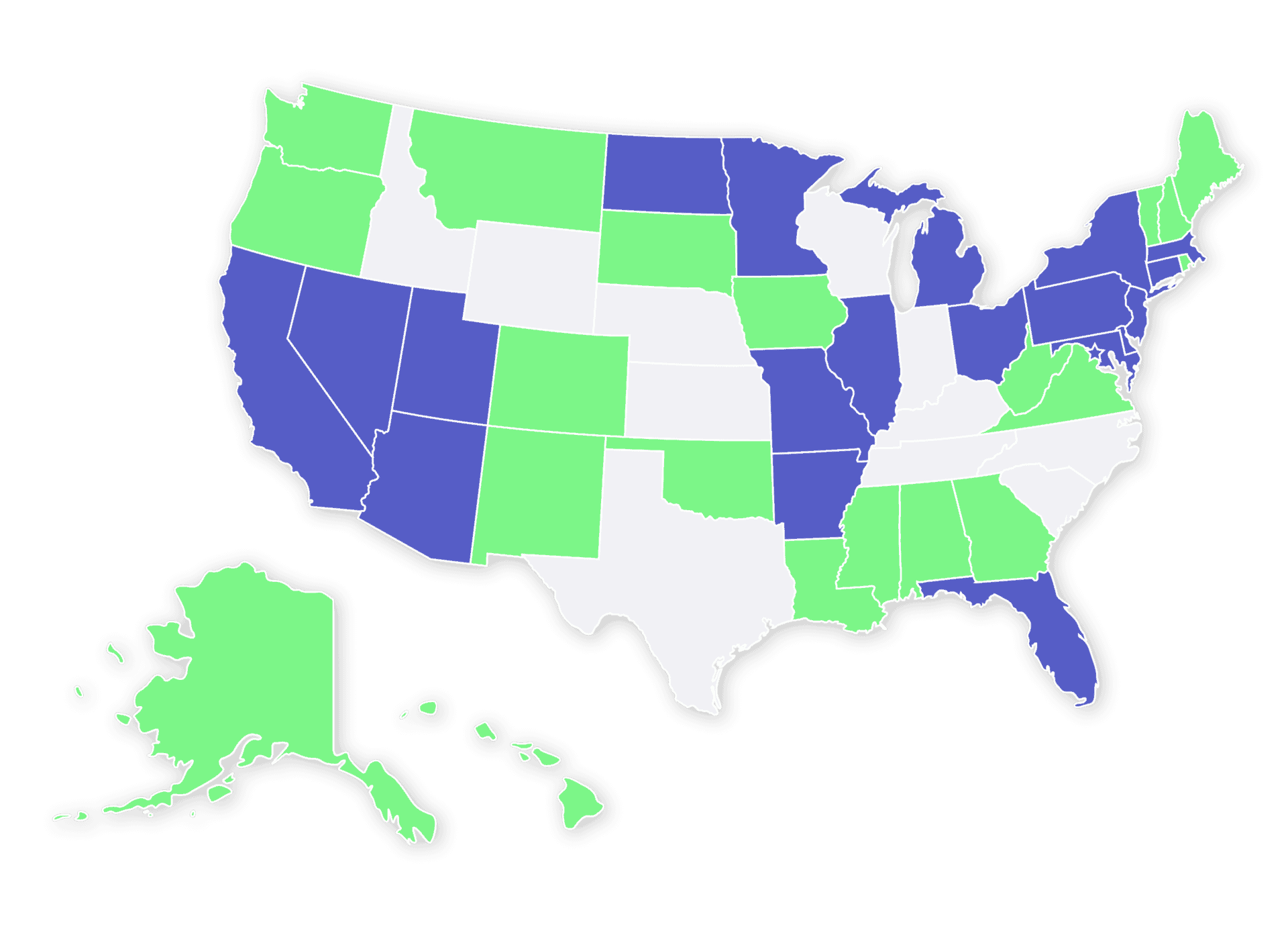 US map with states highlighted where Leaf Trade currently operates and will be operating soon