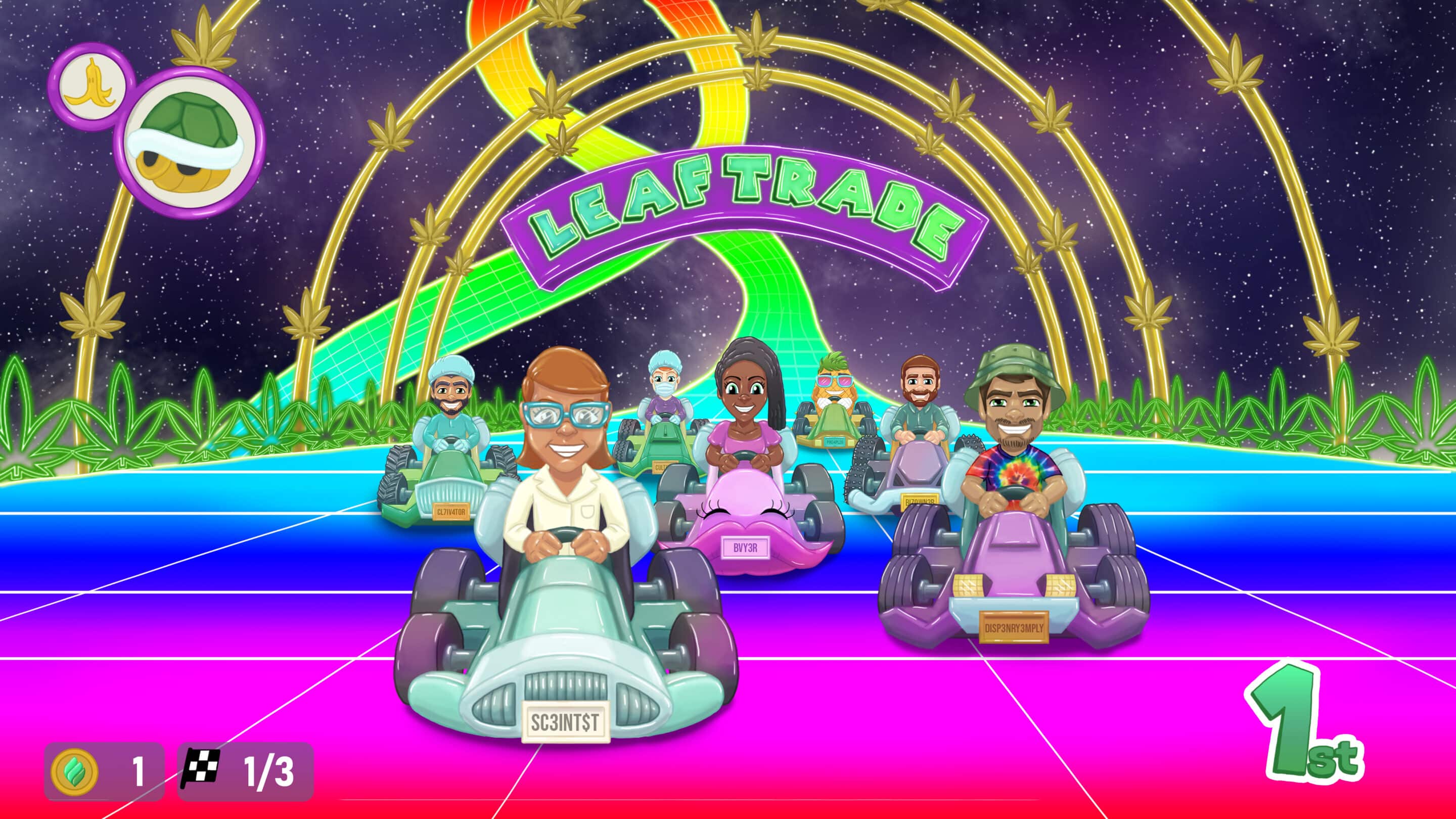 Animated image of people with different roles in the cannabis industry racing on a rainbow colored race track