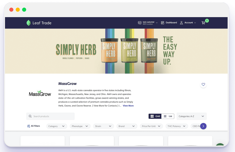 Leaf Trade Cannabis Wholesale Marketplace Vendor Storefront for MassGrow